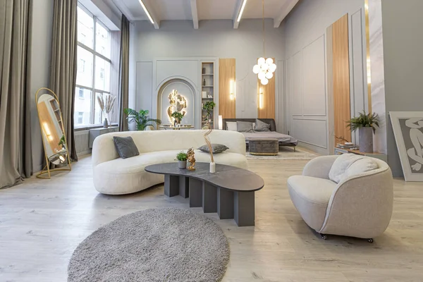 Stijlvol Luxe Interieur Van Modern Studio Appartement Groene Pastelkleuren Met — Stockfoto
