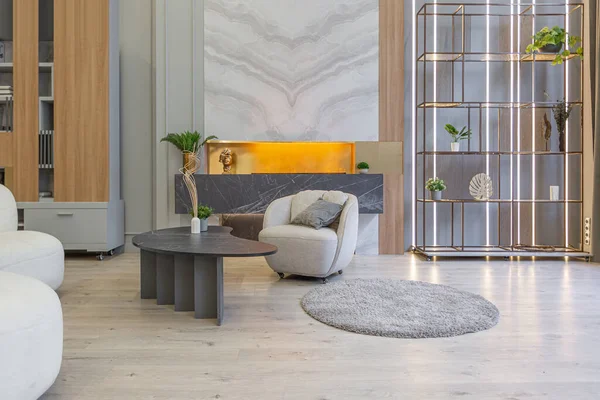 Elegant Lyxig Interiör Modern Studio Lägenhet Gröna Pastellfärger Med Träelement — Stockfoto