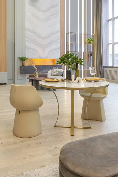 Stylish Luxury Interior Modern Studio Apartment Green Pastel Colors Wooden — Stock Photo, Image