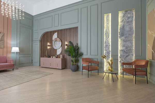 шикарный современный модный дизайн интерьера квартиры. модные зеленые и пушистые розовые стены. стильное освещение и огромные панорамные окна