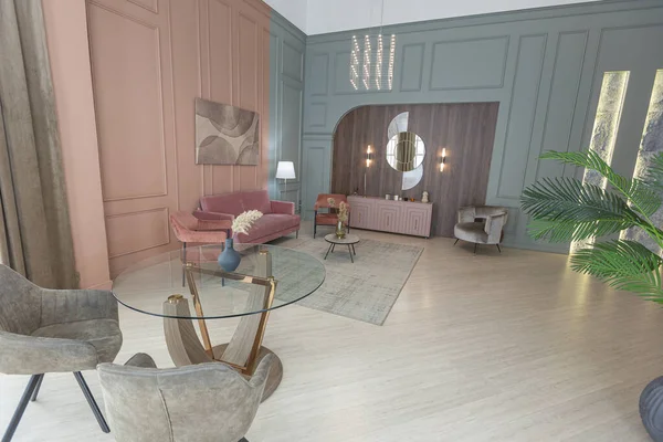 Elegante Moderno Moderno Design Interiores Apartamento Moda Paredes Cor Rosa — Fotografia de Stock