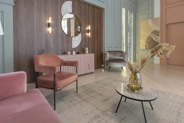 Elegantní Moderní Trendy Bytový Interiér Design Trendy Zelené Práškově Růžové — Stock fotografie