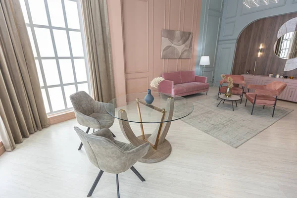 Elegante Moderno Diseño Interiores Apartamentos Moda Paredes Verdes Rosadas Polvorientas —  Fotos de Stock