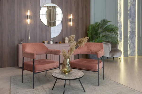 Elegante Moderno Diseño Interiores Apartamentos Moda Paredes Verdes Rosadas Polvorientas — Foto de Stock