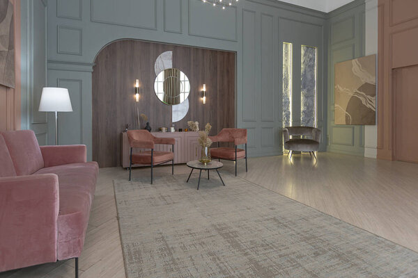 шикарный современный модный дизайн интерьера квартиры. модные зеленые и пушистые розовые стены. стильное освещение и огромные панорамные окна