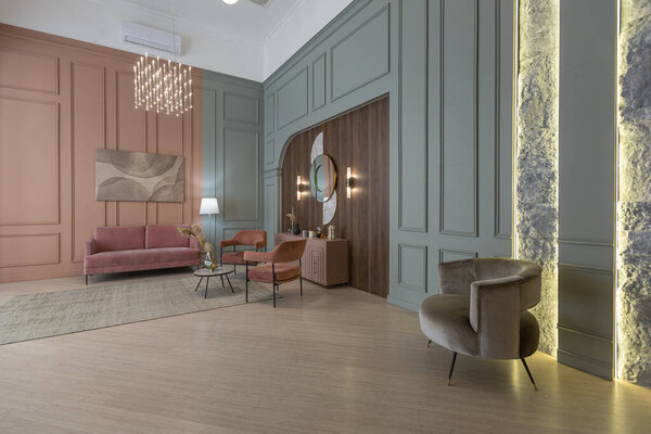 шикарный современный модный дизайн интерьера квартиры. модные зеленые и пушистые розовые стены. стильное освещение и огромные панорамные окна