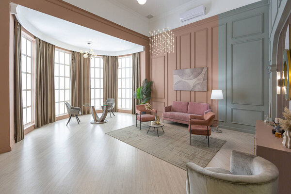 шикарный современный модный дизайн интерьера квартиры. модные зеленые и пушистые розовые стены. стильное освещение и огромные панорамные окна