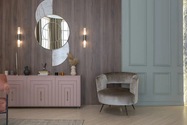 Chic Appartamento Moderno Tendenza Interior Design Pareti Verdi Rosa Cipria — Foto Stock