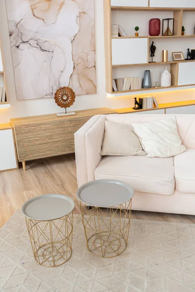 디자인은 스칸디나비아 스타일의 드넓고 스튜디오 아파트와 파스텔 흰색과 베이지 색이다 — 스톡 사진