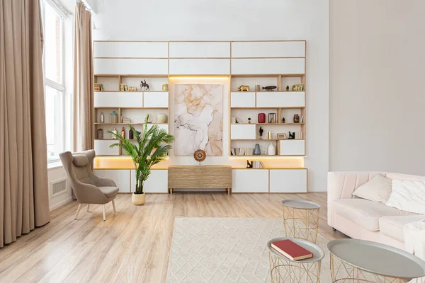Espacioso Luminoso Apartamento Estudio Diseño Interior Estilo Escandinavo Cálidos Colores — Foto de Stock