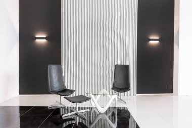 İlginç moda siyah mobilyalar ve dekore edilmiş duvarlar ile siyah ve beyaz renklere zıt düşerek modern modaya uygun modern iç mekan.