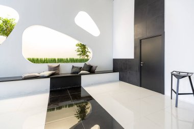 İlginç moda siyah mobilyalar ve dekore edilmiş duvarlar ile siyah ve beyaz renklere zıt düşerek modern modaya uygun modern iç mekan.
