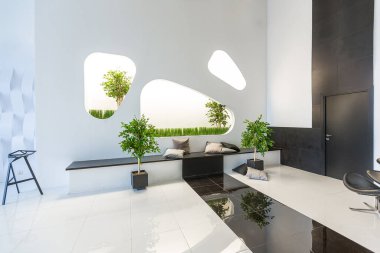 İlginç moda siyah mobilyalar ve dekore edilmiş duvarlar ile siyah ve beyaz renklere zıt düşerek modern modaya uygun modern iç mekan.