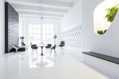 İlginç moda siyah mobilyalar ve dekore edilmiş duvarlar ile siyah ve beyaz renklere zıt düşerek modern modaya uygun modern iç mekan.