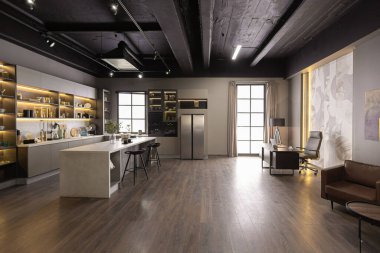 Aşırı modern, tek odalı, koyu renkli, süper havalı, mutfak, yemek masası ve ofis alanı olan bir dairenin vahşi iç mekanı.