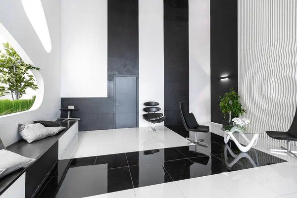 奢华的 未来派的 时髦的 现代的室内装饰 与黑色和白色的颜色形成鲜明对比 配以时尚的黑色家具和装饰过的墙壁 — 图库照片
