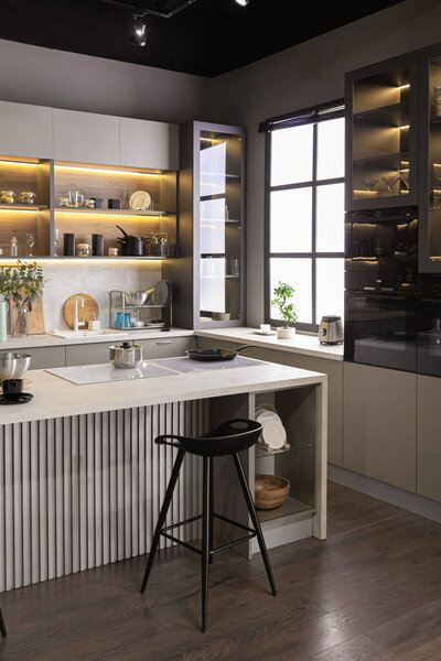 стильный роскошный интерьер кухни в ультра-современной просторной квартире в темных тонах с супер холодным освещением и островом для приготовления пищи