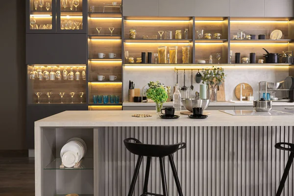 Intérieur Cuisine Luxe Élégant Dans Appartement Spacieux Ultra Moderne Aux — Photo