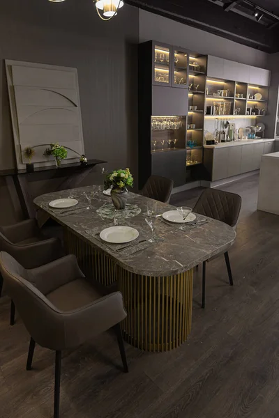 Elegante Luxuoso Interior Sala Jantar Apartamento Ultra Moderno Cores Escuras — Fotografia de Stock