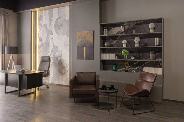 Interior Escritório Casa Luxo Elegante Apartamento Brutal Ultramoderno Cores Escuras — Fotografia de Stock