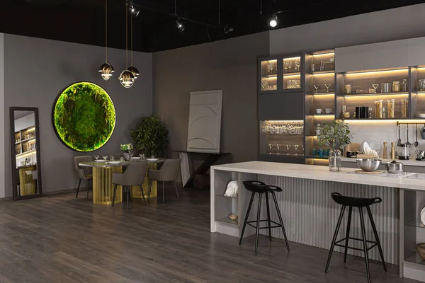 Elegant Lyxigt Kök Inredning Ultramodern Rymlig Lägenhet Mörka Färger Med — Stockfoto