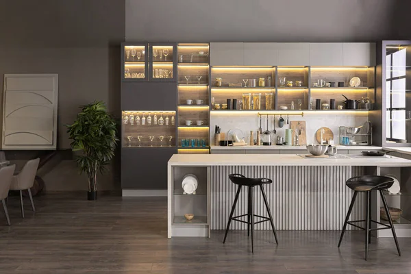 Stilvolle Luxuriöse Kücheneinrichtung Einer Ultramodernen Geräumigen Wohnung Dunklen Farben Mit — Stockfoto