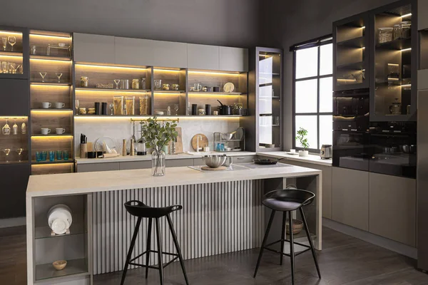Κομψό Πολυτελές Εσωτερικό Κουζίνας Ένα Υπερσύγχρονο Ευρύχωρο Διαμέρισμα Σκούρα Χρώματα — Φωτογραφία Αρχείου