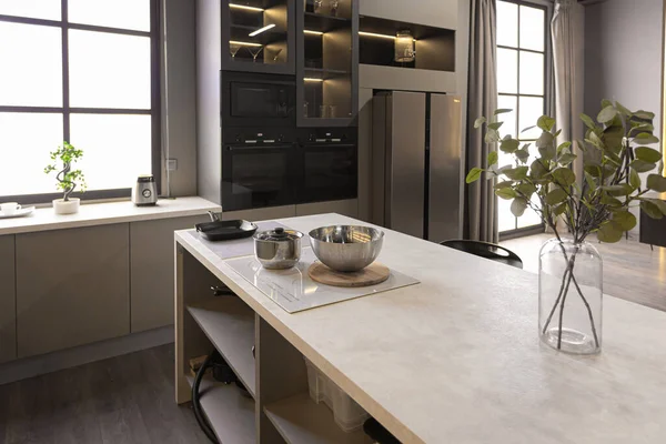 Elegante Interior Cozinha Luxo Apartamento Espaçoso Ultra Moderno Cores Escuras — Fotografia de Stock