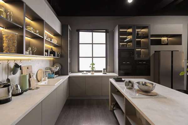 Elegante Interno Cucina Lusso Ultra Moderno Spazioso Appartamento Colori Scuri — Foto Stock