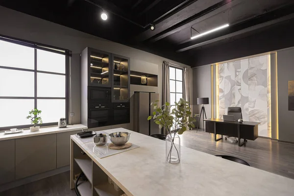 Interior Brutal Apartamento Quarto Espaçoso Ultra Moderno Cores Escuras Super — Fotografia de Stock