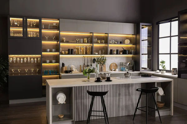 Κομψό Πολυτελές Εσωτερικό Κουζίνας Ένα Υπερσύγχρονο Ευρύχωρο Διαμέρισμα Σκούρα Χρώματα — Φωτογραφία Αρχείου