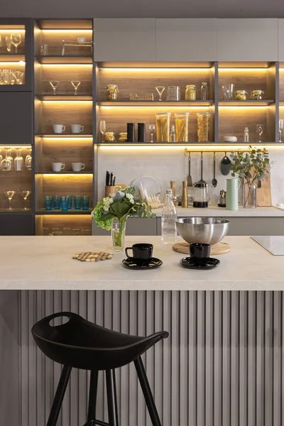 Stylový Luxusní Kuchyňský Interiér Ultra Moderním Prostorném Bytě Tmavých Barvách — Stock fotografie