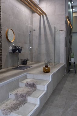 Gri taşlarla süslenmiş açık bir duşu olan açık planlı bir dairenin son moda iç tasarımı.