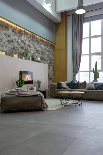 Modern Studio Interior Decorative Stone Walls Grey Stone Wood Tiles — Stock Photo, Image