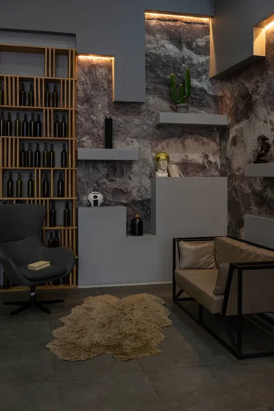 Moderno Lugar Estar Diseño Interior Con Paredes Piedra Decorativa Gris — Foto de Stock