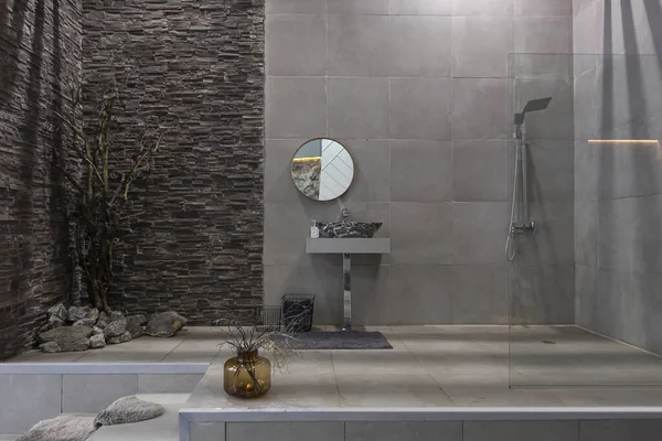 Brutal Ultra Trendy Interior Design Open Plan Apartment Open Shower — Stock Photo, Image