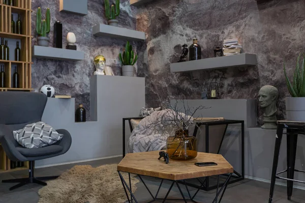 Moderno Lugar Sentado Design Interiores Com Paredes Pedra Decorativas Cinza — Fotografia de Stock