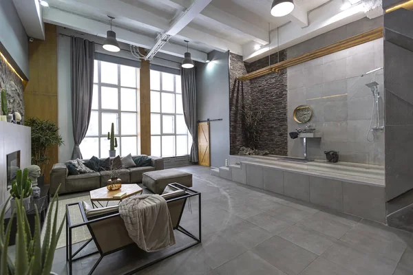 Brutal Diseño Interior Ultra Moderno Apartamento Planta Abierta Con Una — Foto de Stock