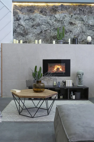 Modern Studio Interior Decorative Stone Walls Grey Stone Wood Tiles — Stock Photo, Image