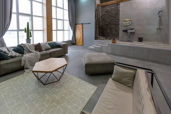 Brutal Ultra Trendy Interior Design Open Plan Apartment Open Shower — Φωτογραφία Αρχείου