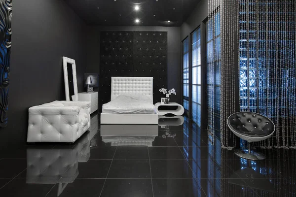 Nowoczesne Ciemne Luksusowe Czarne Wnętrze Białymi Eleganckimi Meblami — Zdjęcie stockowe