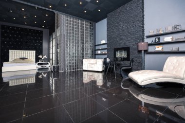 Beyaz şık mobilyalı modern siyah iç mekan.