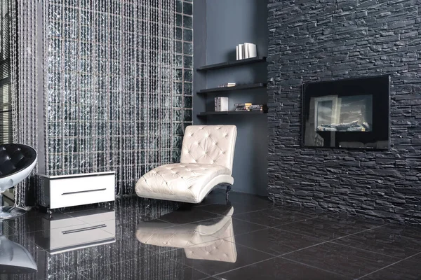 Moderno Interior Negro Lujo Oscuro Con Muebles Blancos Chic — Foto de Stock