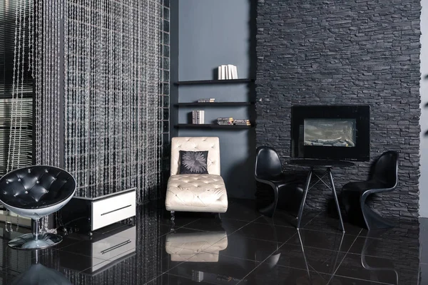Moderno Interior Negro Lujo Oscuro Con Muebles Blancos Chic — Foto de Stock