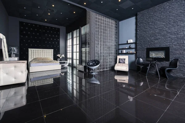 Nowoczesne Ciemne Luksusowe Czarne Wnętrze Białymi Eleganckimi Meblami — Zdjęcie stockowe