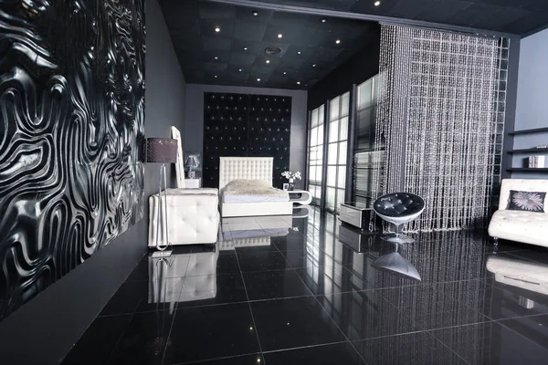 Modern Întuneric Interior Negru Lux Mobilier Alb Chic — Fotografie, imagine de stoc