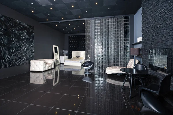Modern Sötét Luxus Fekete Belső Fehér Elegáns Bútorokkal — Stock Fotó