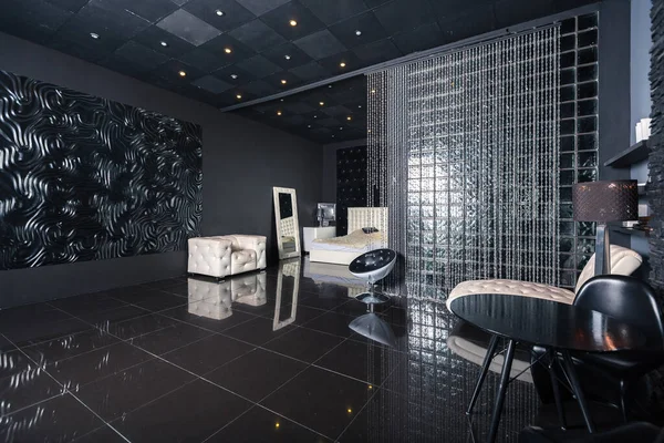 Moderno Interior Preto Luxo Escuro Com Mobiliário Chique Branco — Fotografia de Stock