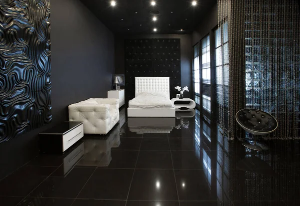 白シックな家具とモダンなダークラグジュアリーブラックインテリア — ストック写真