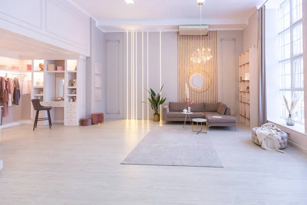 호화롭게 현대적 실내의 아파트 가구와 장식용 파스텔 색조와 분위기 — 스톡 사진
